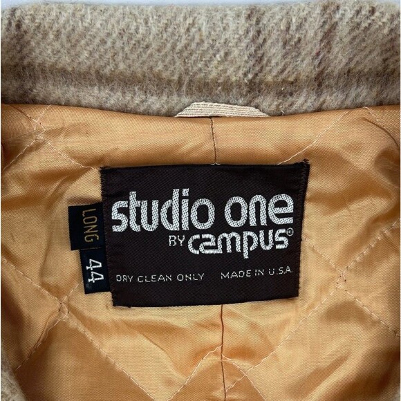 VTG Campus Studio One Plaid Flannel Sport Field Jacket Coat Beige Wool 44L Mens - Picture 7 of 7